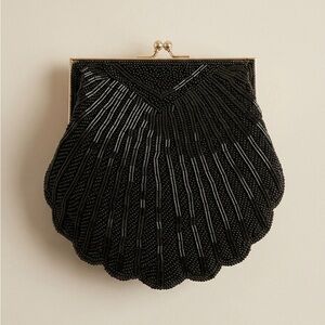 Vintage Black Beaded Scallop Shell Retro-Glam Evening Bag / Clutch